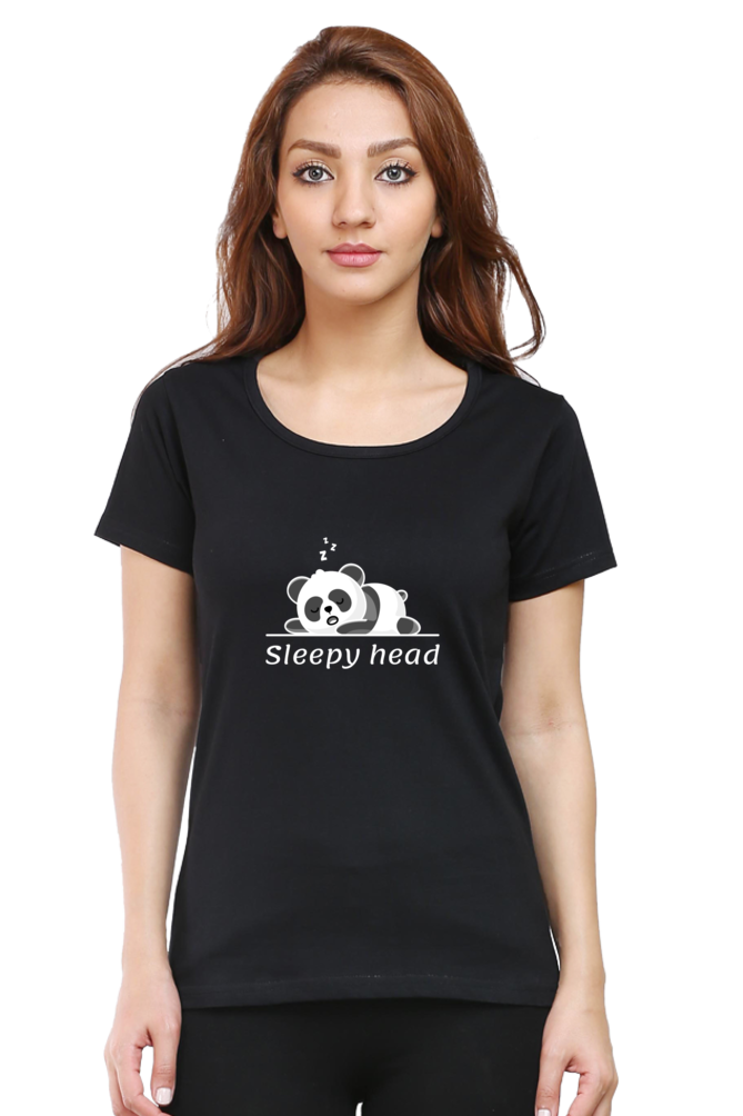 Sleepy head: Women's Round Neck Half Sleeves T-Shirt with Panda Print