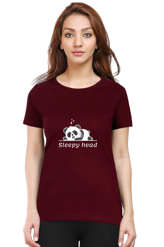 Sleepy head: Women's Round Neck Half Sleeves T-Shirt with Panda Print