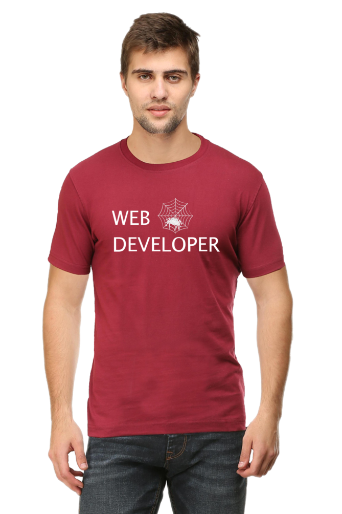 Web Developer : Round Neck Half Sleeves T-Shirt with Spider Print