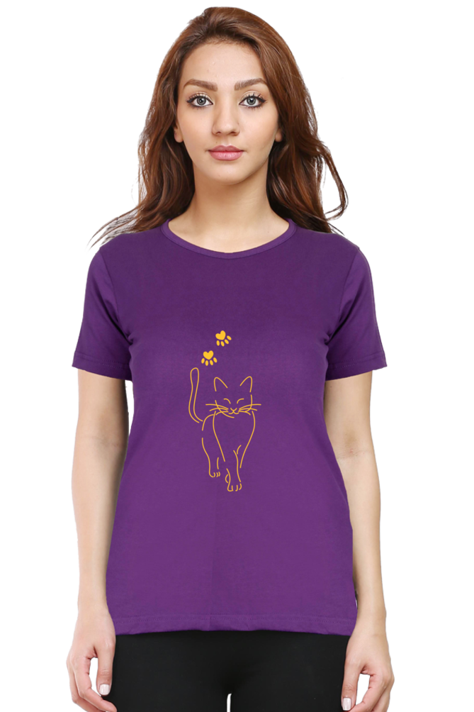 Women Round Neck Half Sleeves T-Shirt with Be Kind with Cat Abstract Print