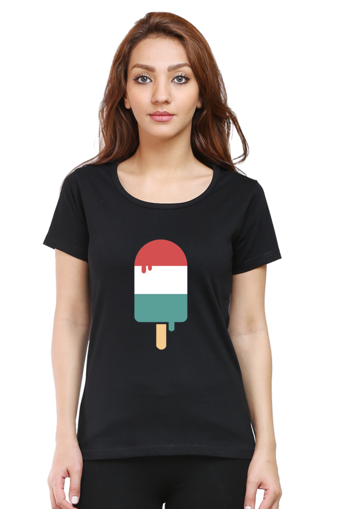 Women Round Neck Half Sleeves T-Shirt with popsicle print