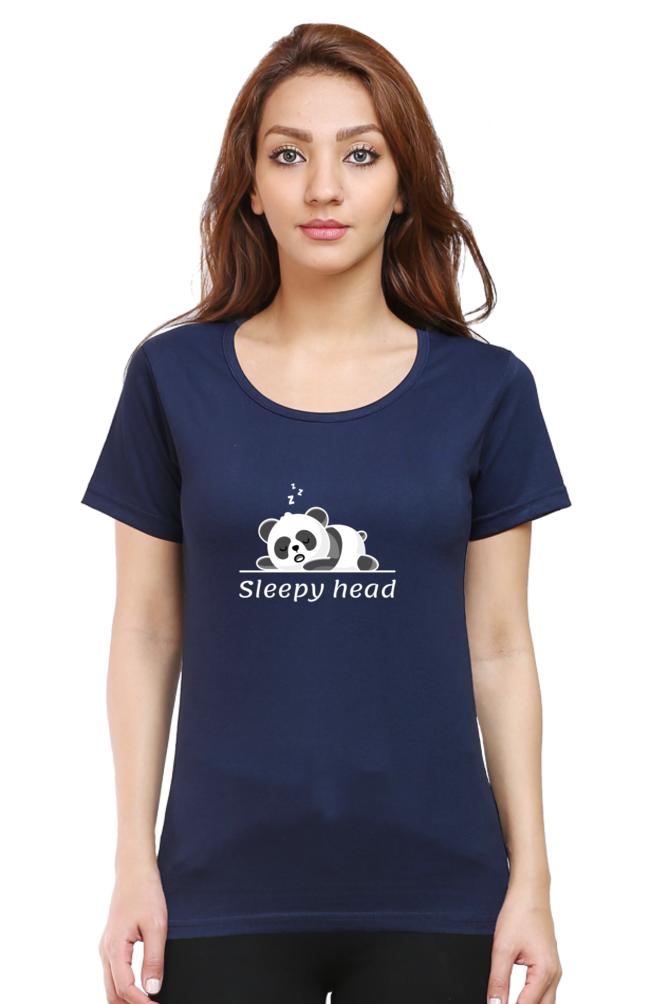 Sleepy head: Women's Round Neck Half Sleeves T-Shirt with Panda Print