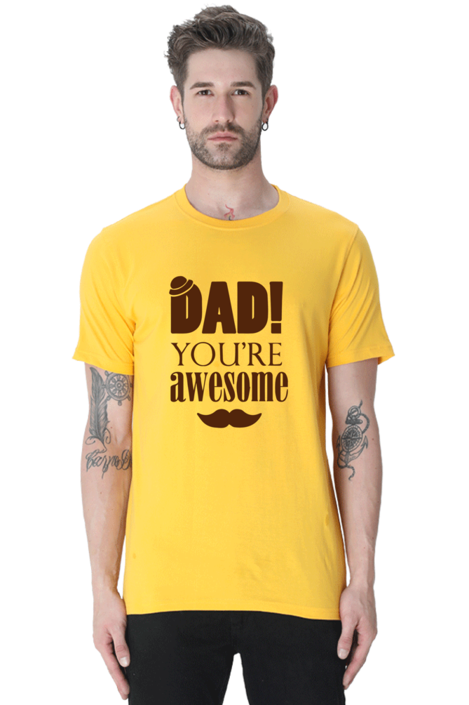 Round Neck Half Sleeves T-Shirt with 'Dad You Are Awesome' with Hat Print