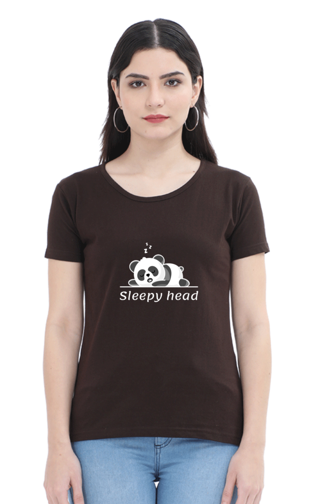 Sleepy head: Women's Round Neck Half Sleeves T-Shirt with Panda Print