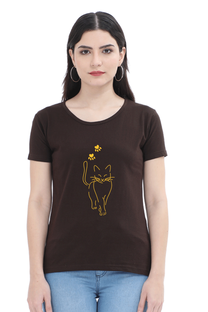 Women Round Neck Half Sleeves T-Shirt with Be Kind with Cat Abstract Print