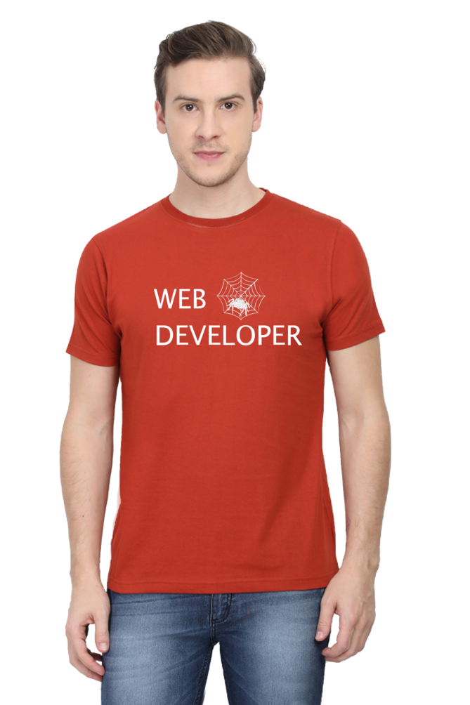 Web Developer : Round Neck Half Sleeves T-Shirt with Spider Print