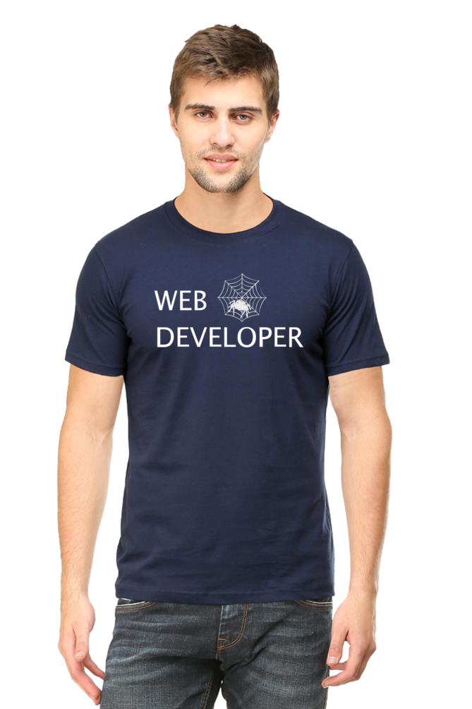 Web Developer : Round Neck Half Sleeves T-Shirt with Spider Print