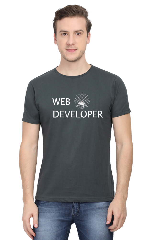 Web Developer : Round Neck Half Sleeves T-Shirt with Spider Print