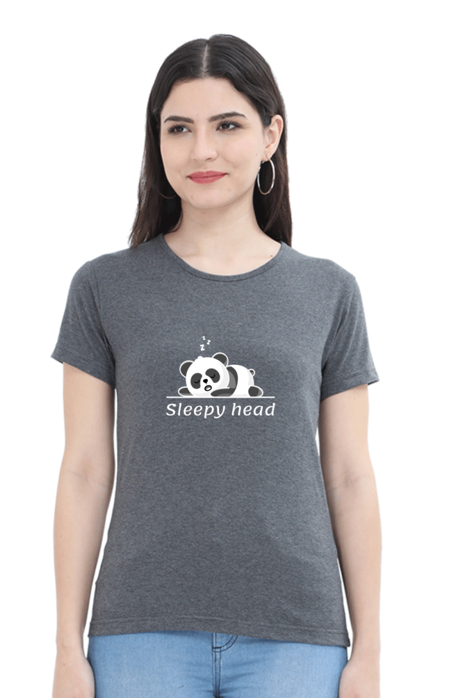 Sleepy head: Women's Round Neck Half Sleeves T-Shirt with Panda Print