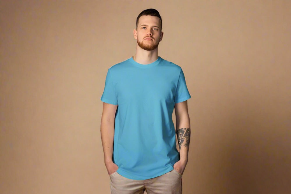Men Round Neck Solid Sky Blue Half Sleeves T-Shirt