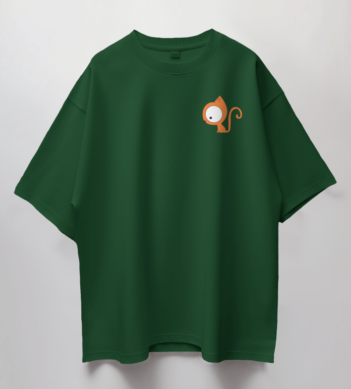 Round Neck Oversized Unisex Half Sleeves T-Shirt with Big-Eyed Kitty Print