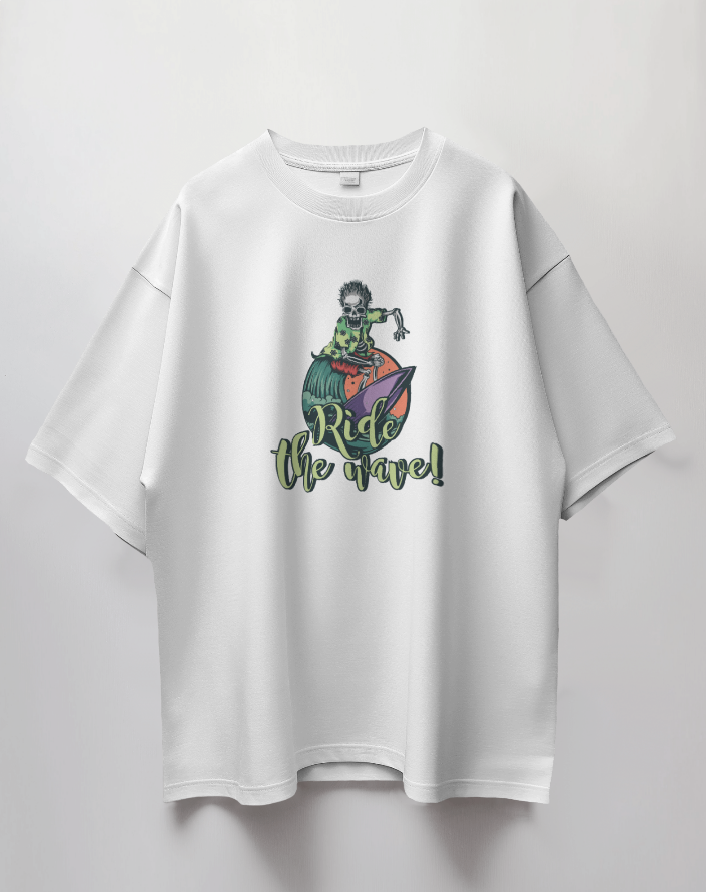 Round Neck Oversized Unisex Half Sleeves T-Shirt with Ride the Wave Print