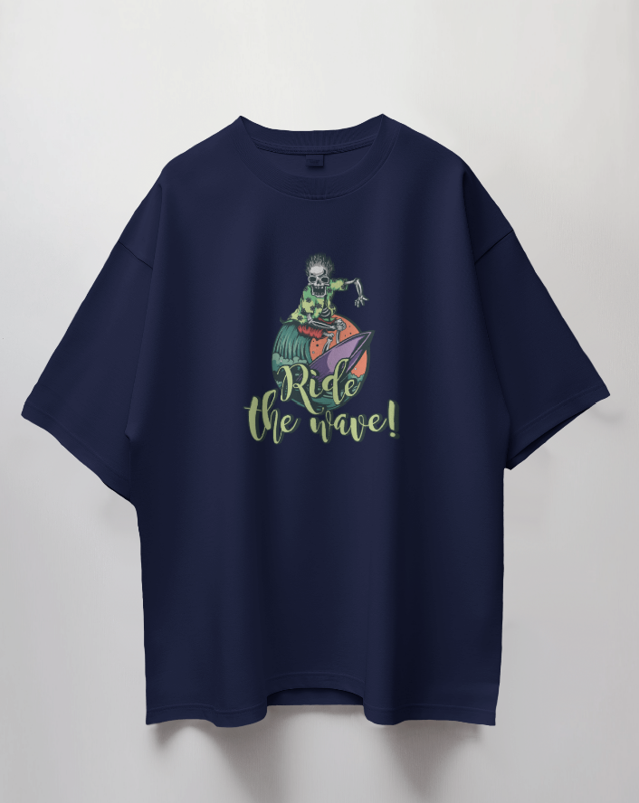 Round Neck Oversized Unisex Half Sleeves T-Shirt with Ride the Wave Print
