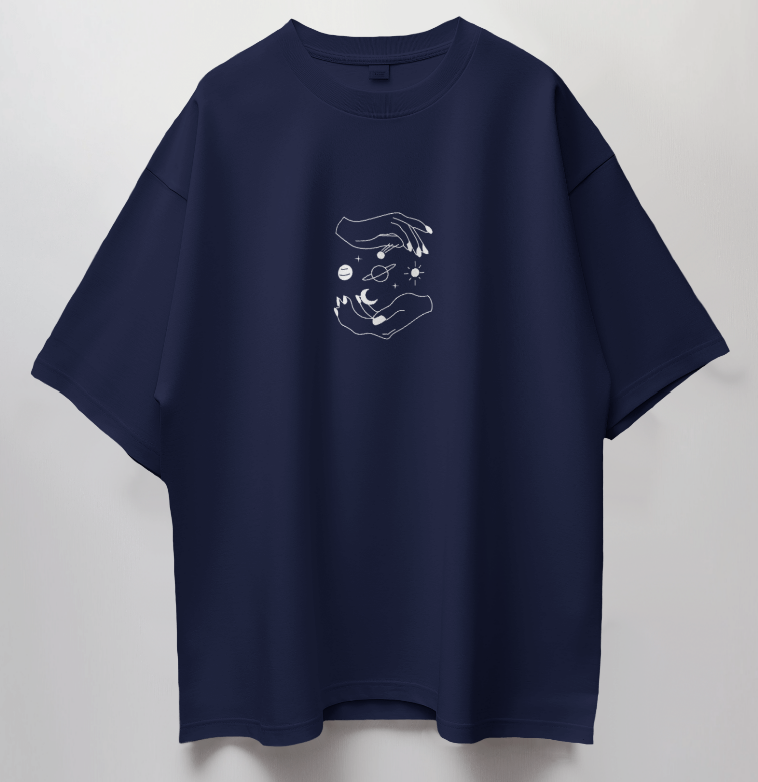 Round Neck Oversized Unisex Half Sleeves T-Shirt with Planets Between Hands