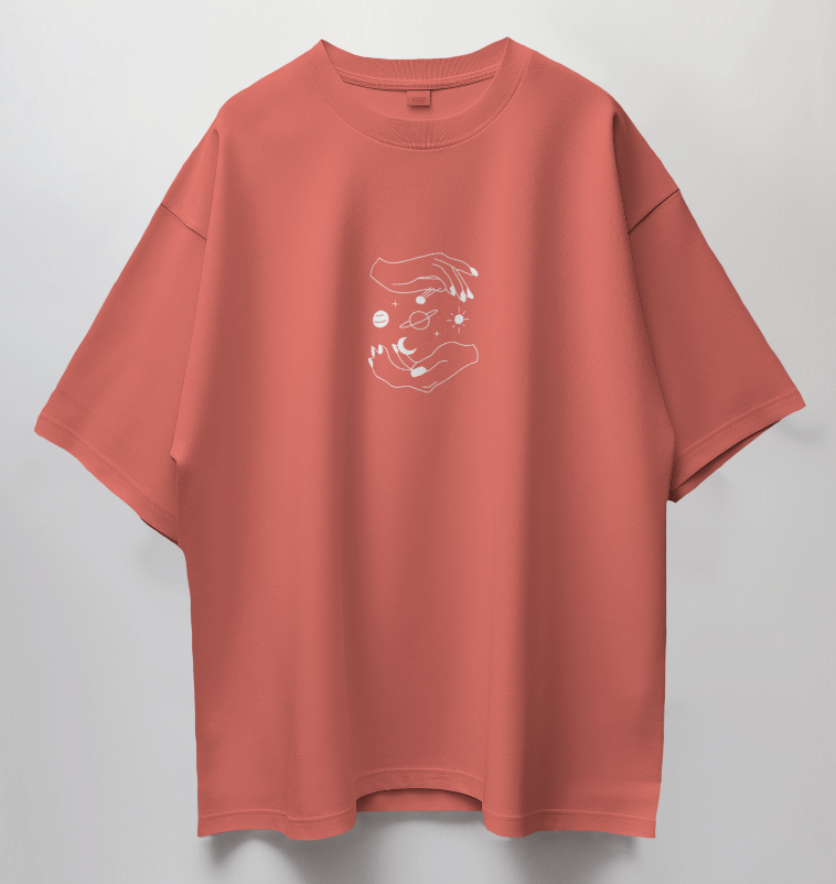 Round Neck Oversized Unisex Half Sleeves T-Shirt with Planets Between Hands