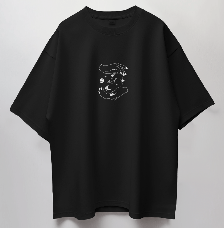 Round Neck Oversized Unisex Half Sleeves T-Shirt with Planets Between Hands