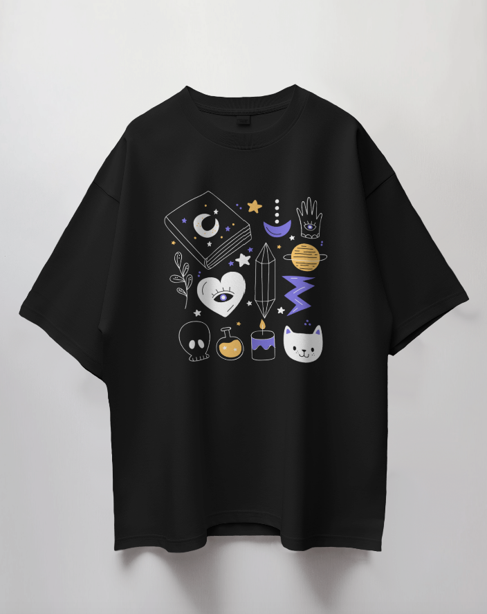 Round Neck Oversized Unisex Half Sleeves T-Shirt with Witchy Whimsy Print