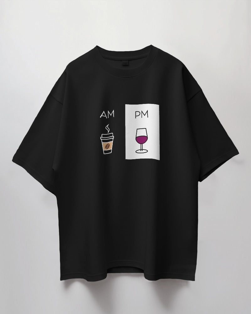 Round Neck Oversized Unisex Half Sleeves T-Shirt with AM PM White Print