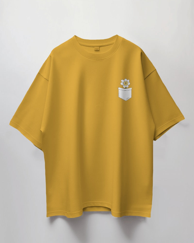 Round Neck Oversized Unisex Half Sleeves T-Shirt with Smiling Sunflower in Pocket Print