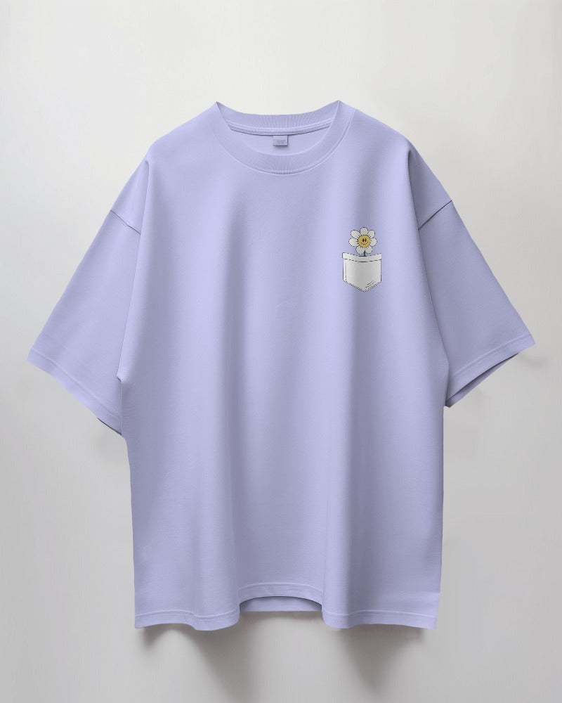 Round Neck Oversized Unisex Half Sleeves T-Shirt with Smiling Sunflower in Pocket Print