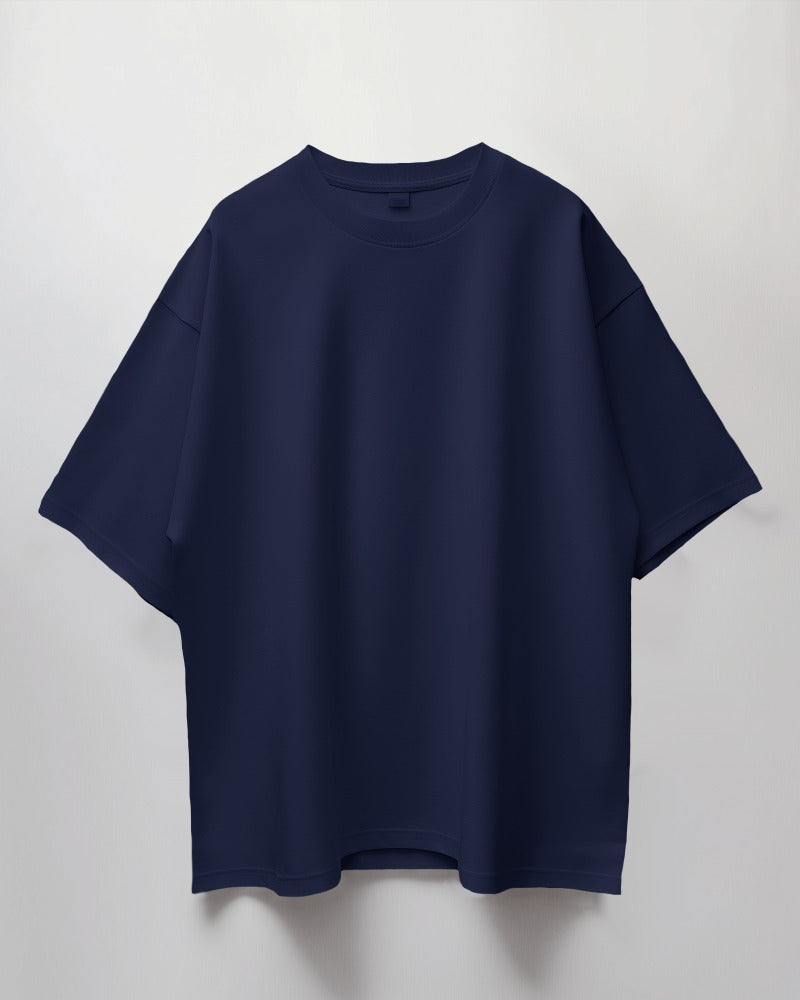 Round Neck Oversized Unisex Solid Navy Blue Half Sleeves T-Shirt