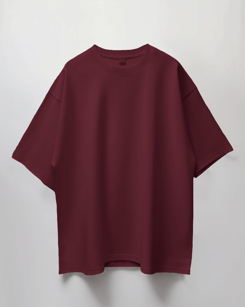 Round Neck Oversized Unisex Solid Maroon Half Sleeves T-Shirt