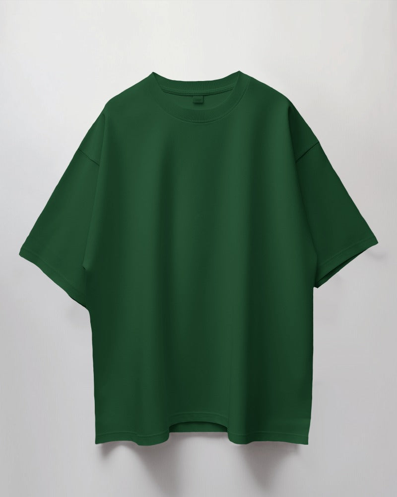 Round Neck Oversized Unisex Solid Bottle Green Half Sleeves T-Shirt
