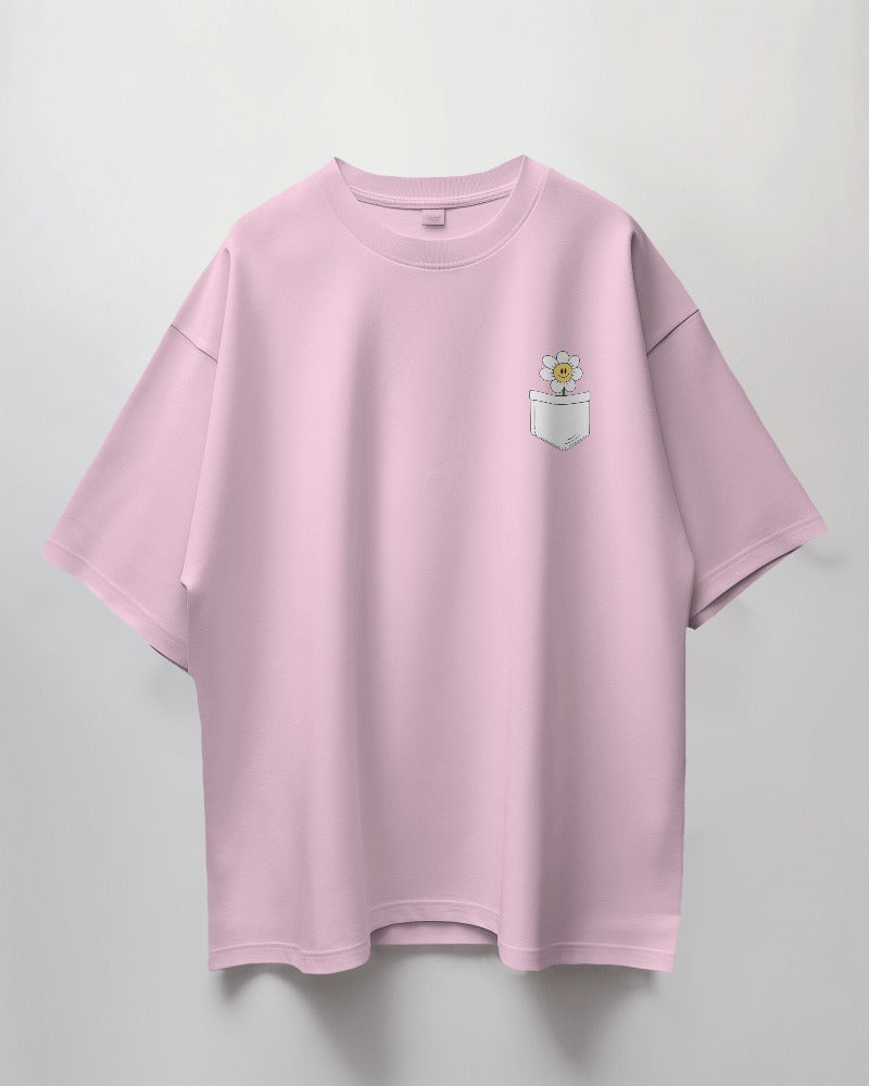 Round Neck Oversized Unisex Half Sleeves T-Shirt with Smiling Sunflower in Pocket Print