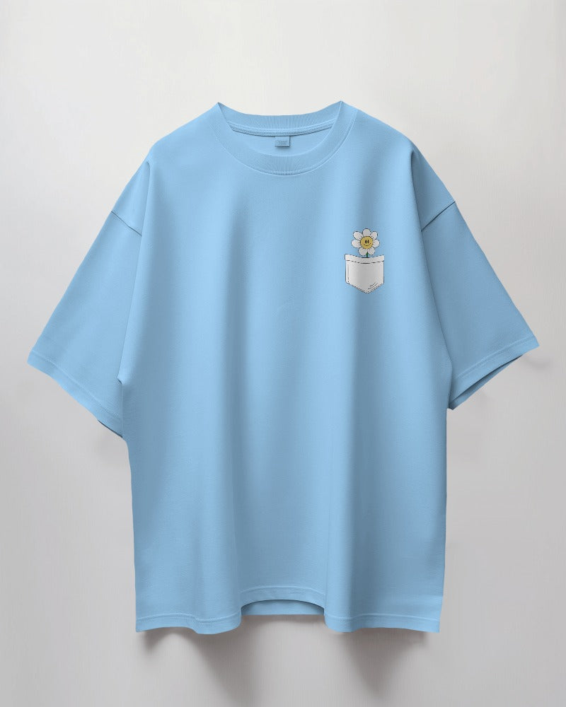 Round Neck Oversized Unisex Half Sleeves T-Shirt with Smiling Sunflower in Pocket Print