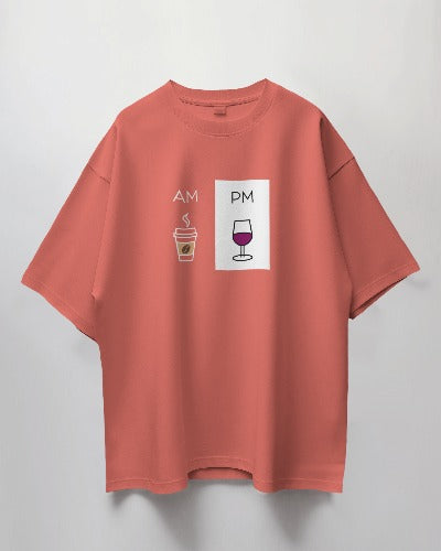 Round Neck Oversized Unisex Half Sleeves T-Shirt with AM PM White Print