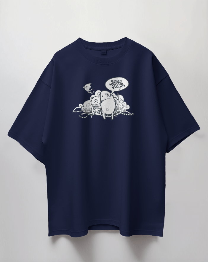 Round Neck Oversized Unisex Half Sleeves T-Shirt with Monster Doodle Crew Print