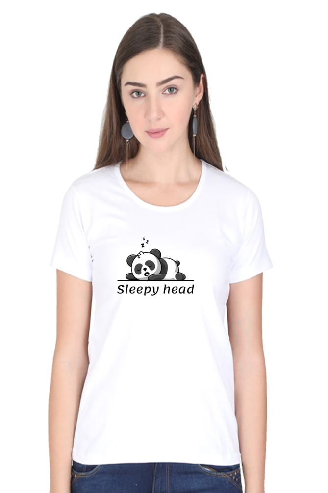 Sleepy head: Women's Round Neck Half Sleeves T-Shirt with Panda Print