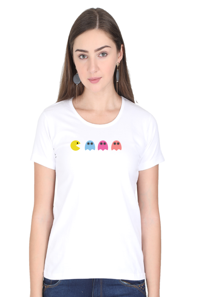 Women Round Neck Half Sleeves T-Shirt with Pac Man Print for Women