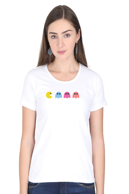 Women Round Neck Half Sleeves T-Shirt with Pac Man Print for Women