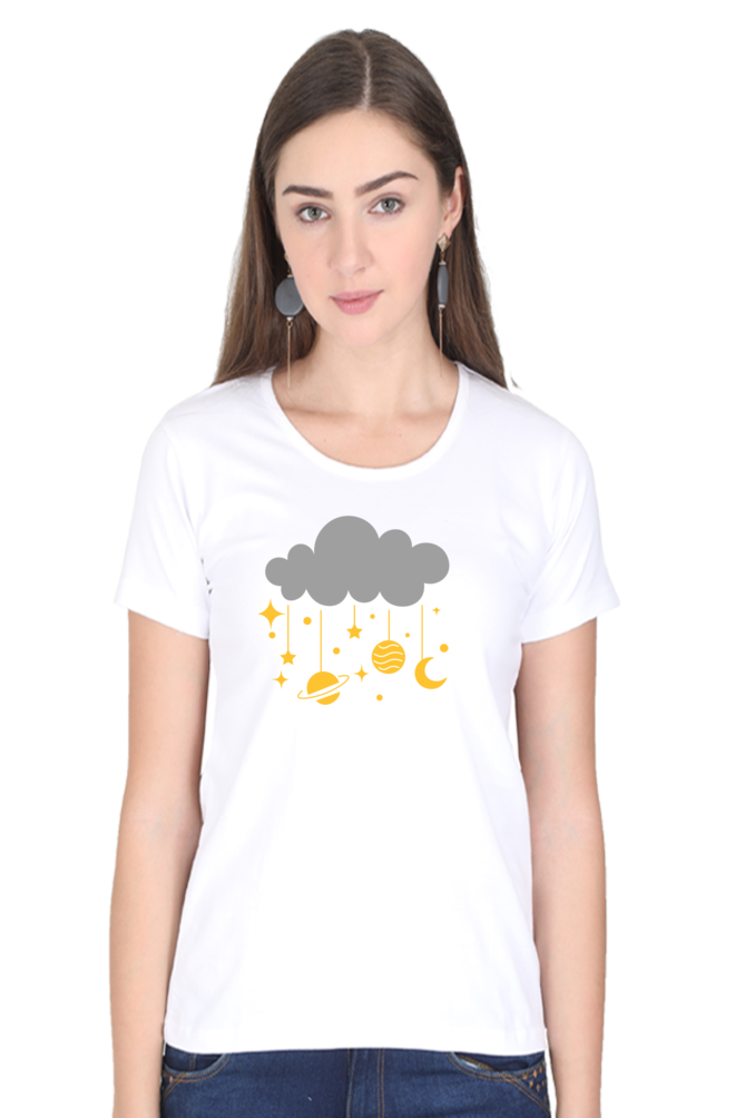 Women Round Neck Half Sleeves T-Shirt with Cloud and Planets Print