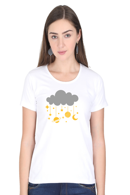 Women Round Neck Half Sleeves T-Shirt with Cloud and Planets Print