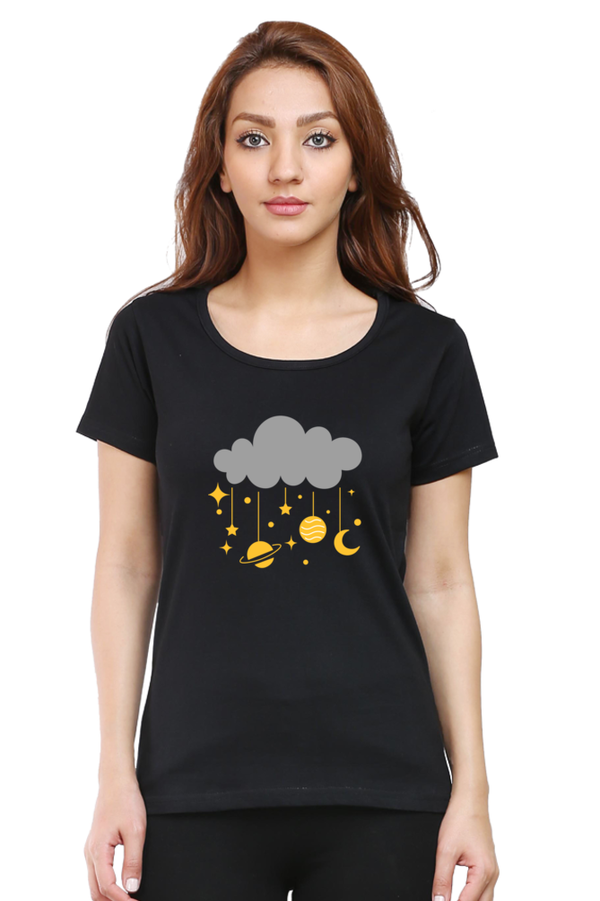 Women Round Neck Half Sleeves T-Shirt with Cloud and Planets Print