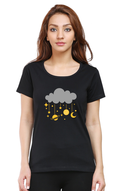 Women Round Neck Half Sleeves T-Shirt with Cloud and Planets Print