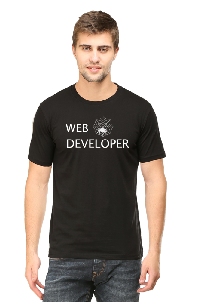 Web Developer : Round Neck Half Sleeves T-Shirt with Spider Print