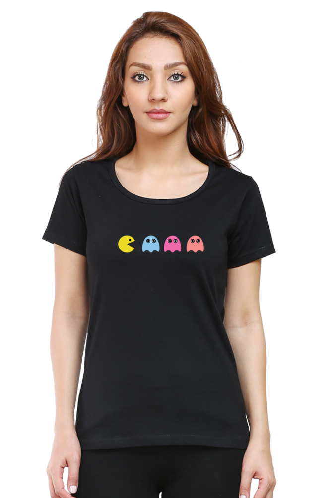 Women Round Neck Half Sleeves T-Shirt with Pac Man Print for Women