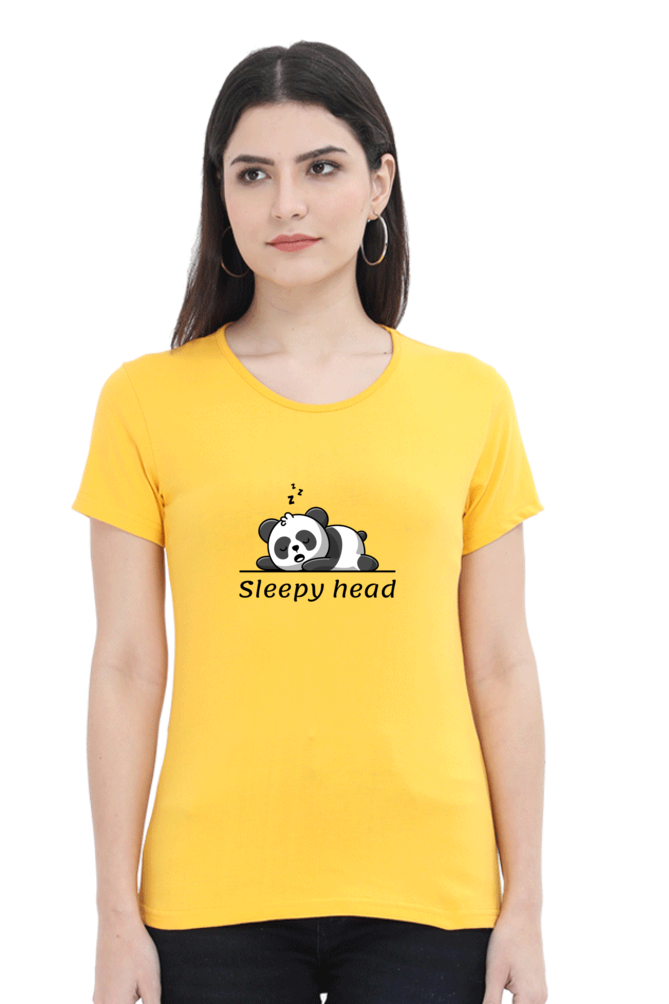 Sleepy head: Women's Round Neck Half Sleeves T-Shirt with Panda Print