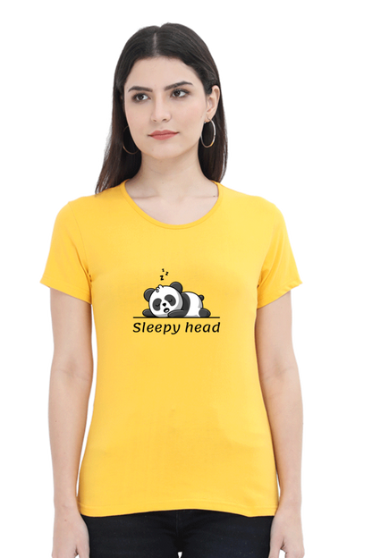 Sleepy head: Women's Round Neck Half Sleeves T-Shirt with Panda Print