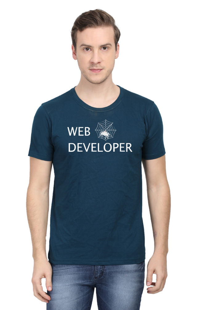 Web Developer : Round Neck Half Sleeves T-Shirt with Spider Print