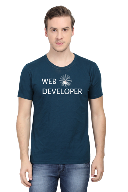 Web Developer : Round Neck Half Sleeves T-Shirt with Spider Print