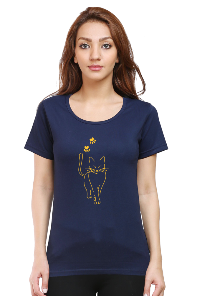 Women Round Neck Half Sleeves T-Shirt with Be Kind with Cat Abstract Print