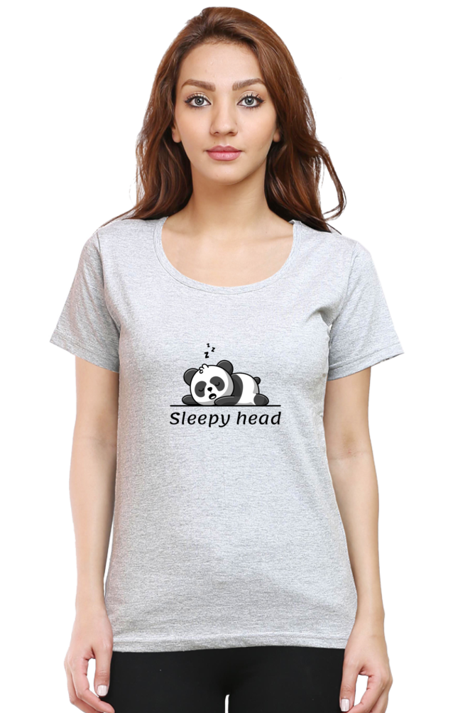 Sleepy head: Women's Round Neck Half Sleeves T-Shirt with Panda Print