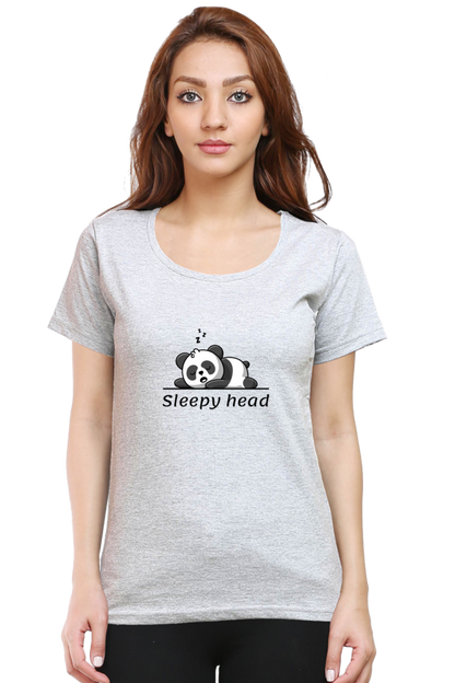 Sleepy head: Women's Round Neck Half Sleeves T-Shirt with Panda Print