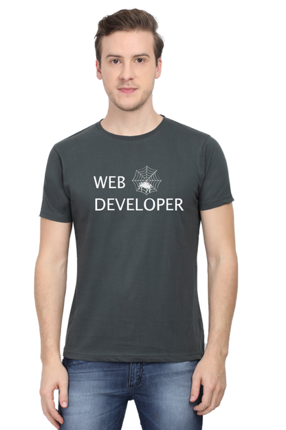 Web Developer : Round Neck Half Sleeves T-Shirt with Spider Print