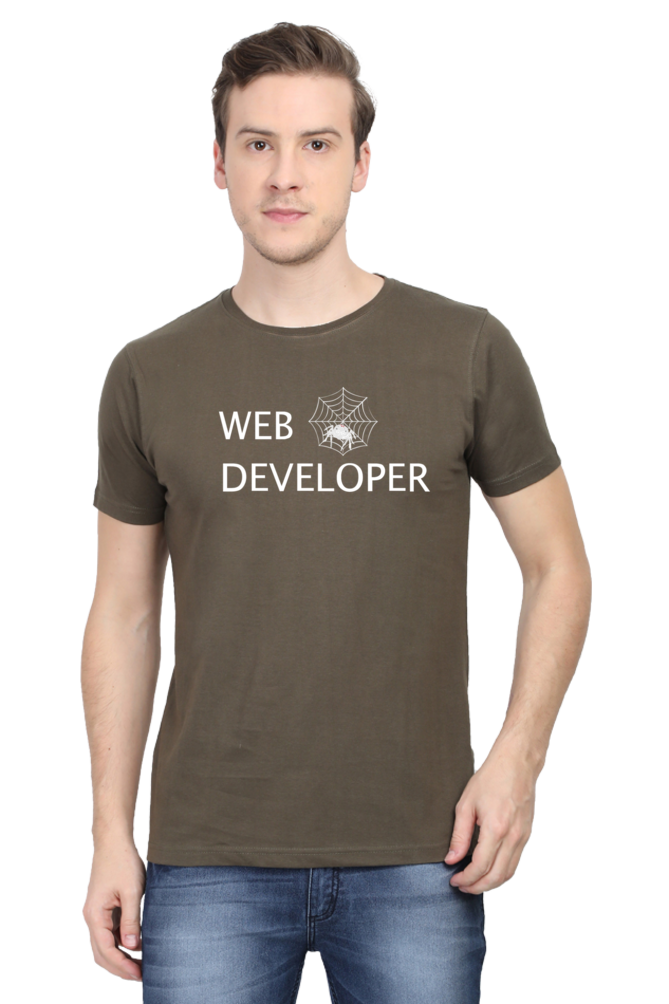 Web Developer : Round Neck Half Sleeves T-Shirt with Spider Print