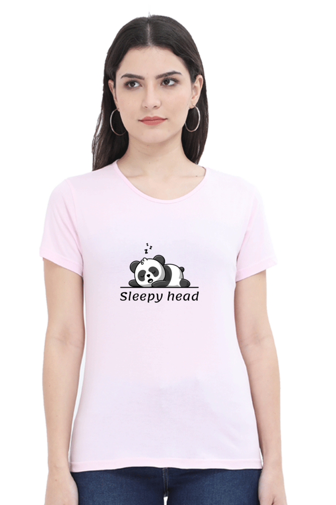 Sleepy head: Women's Round Neck Half Sleeves T-Shirt with Panda Print